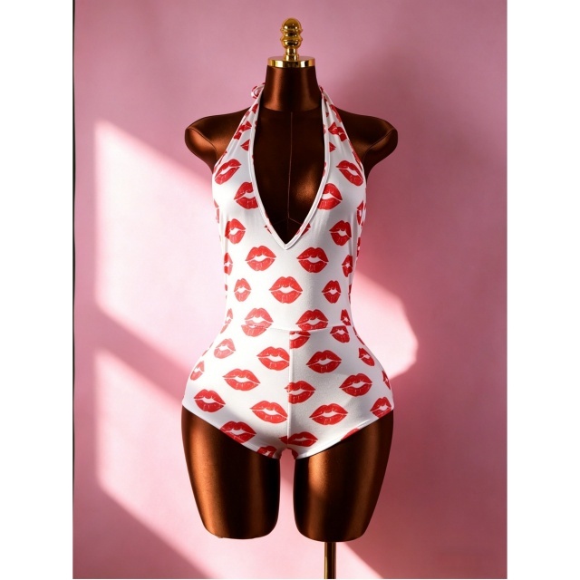 Red Lips Pattern Printed V Neck Halter Fitted Romper