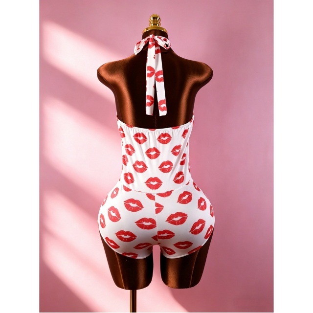 Red Lips Pattern Printed V Neck Halter Fitted Romper
