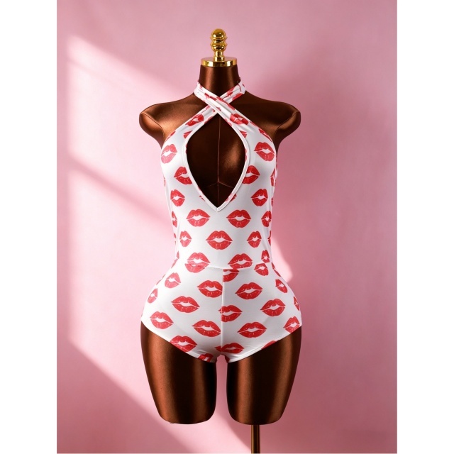 Red Lips Pattern Printed V Neck Halter Fitted Romper