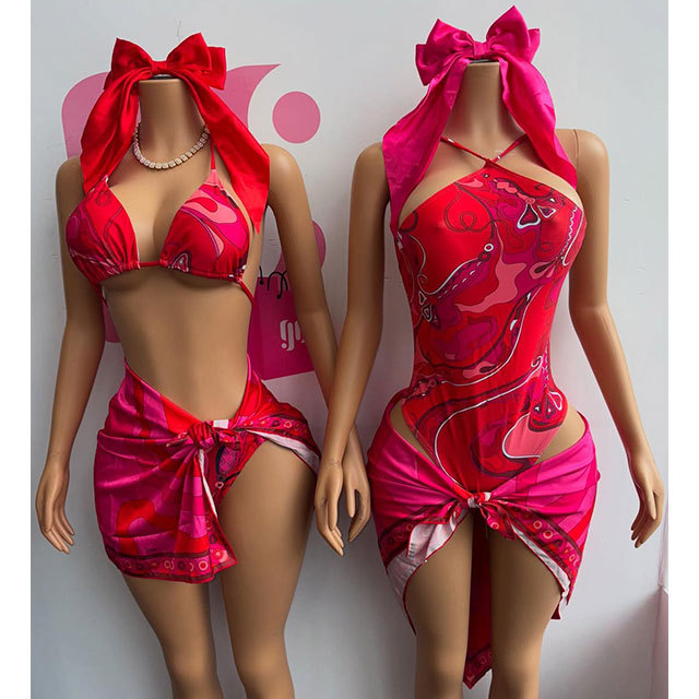 Red Printed Laced-up Beachwear Bikinis Set