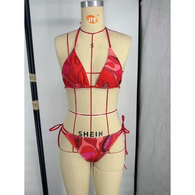 Red Printed Laced-up Beachwear Bikinis Set