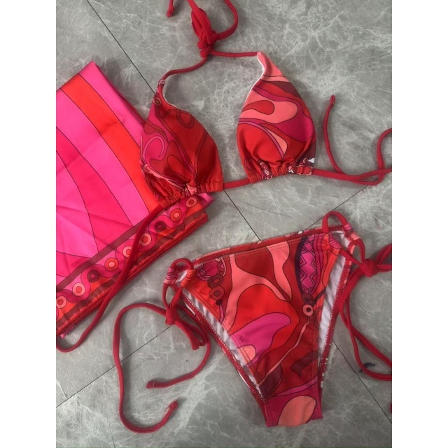 Red Printed Laced-up Beachwear Bikinis Set
