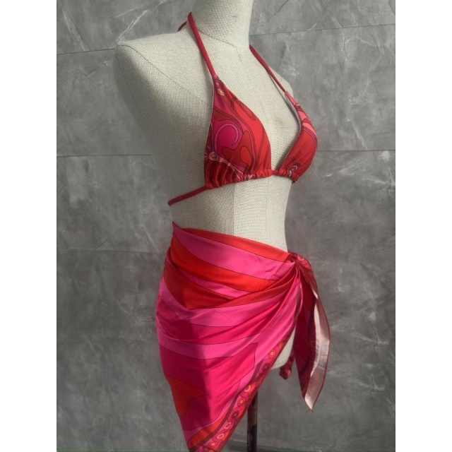 Red Printed Laced-up Beachwear Bikinis Set