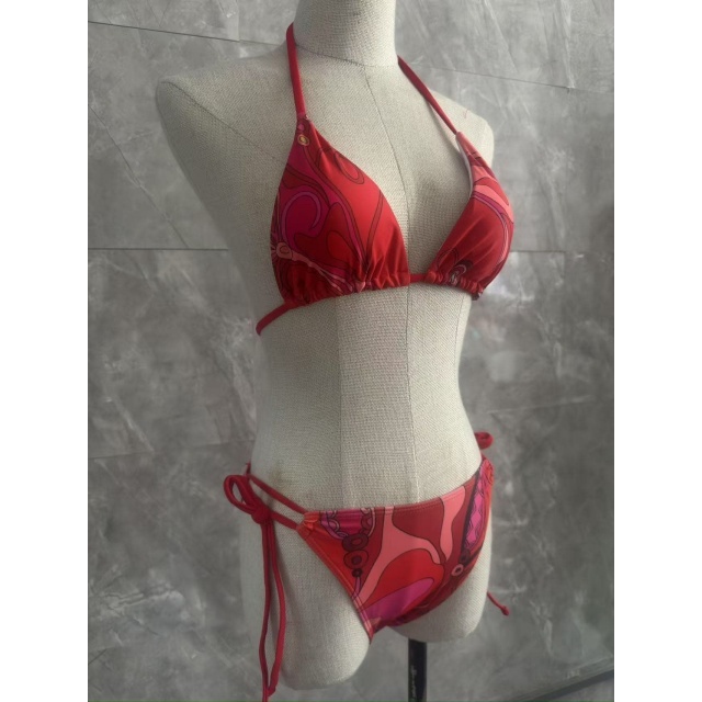 Red Printed Laced-up Beachwear Bikinis Set