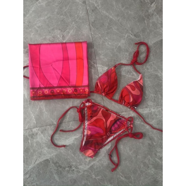 Red Printed Laced-up Beachwear Bikinis Set