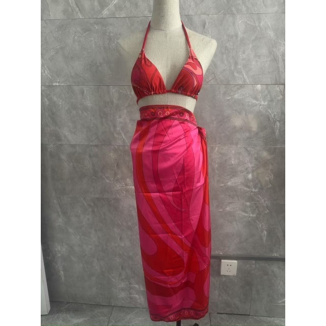 Red Printed Laced-up Beachwear Bikinis Set