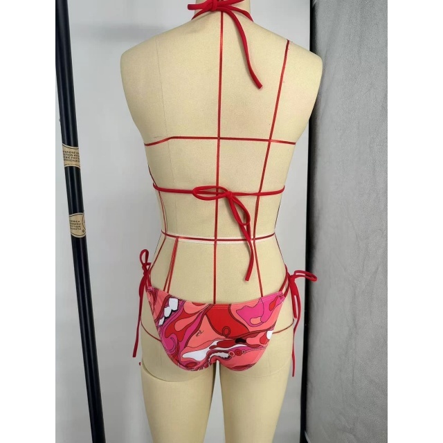 Red Printed Laced-up Beachwear Bikinis Set