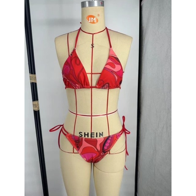 Red Printed Laced-up Beachwear Bikinis Set