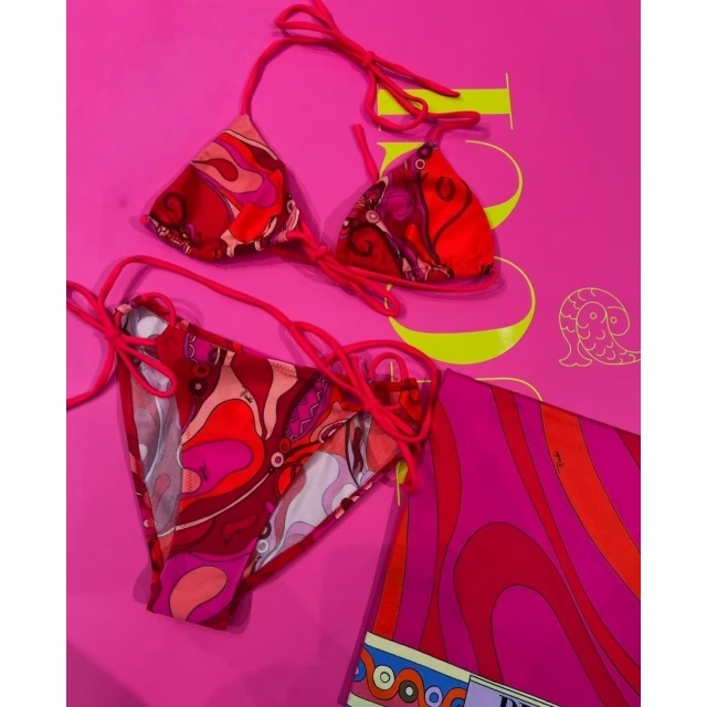 Red Printed Laced-up Beachwear Bikinis Set