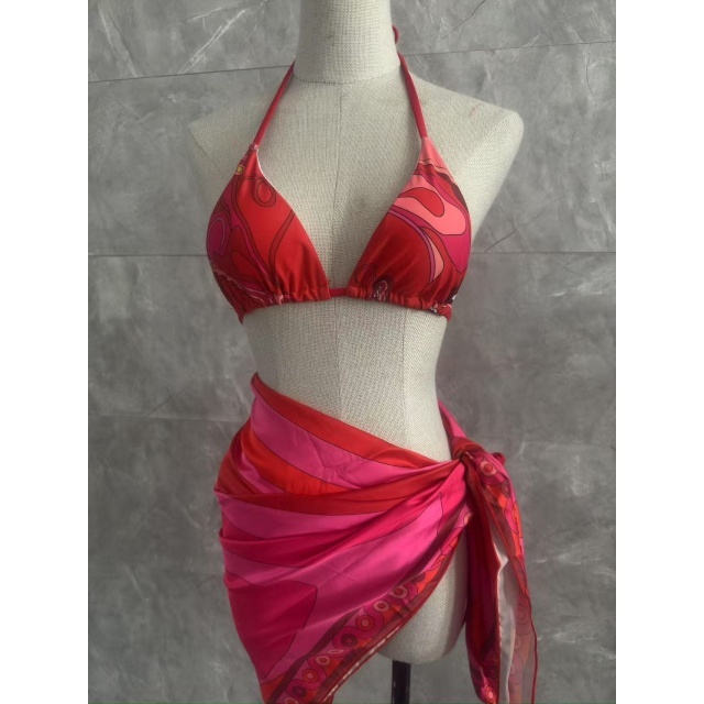 Red Printed Laced-up Beachwear Bikinis Set