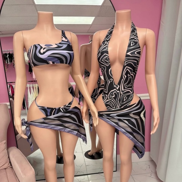 Plunging V Neck Halter Swimsuit Scarf Set