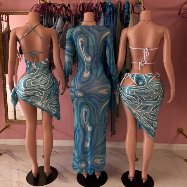 Halter Backless One Piece Swimwear Scarf Set
