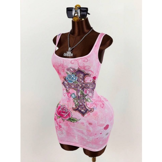 Rhinestoned Fashion Tie-dye Tank Bodycon Dress