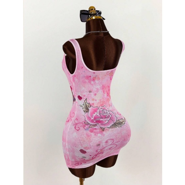 Rhinestoned Fashion Tie-dye Tank Bodycon Dress
