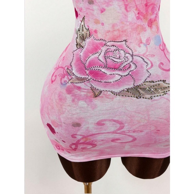 Rhinestoned Fashion Tie-dye Tank Bodycon Dress