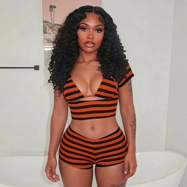 Striped Printed Cropped Top Slim Fit Short Set 3 Pieces