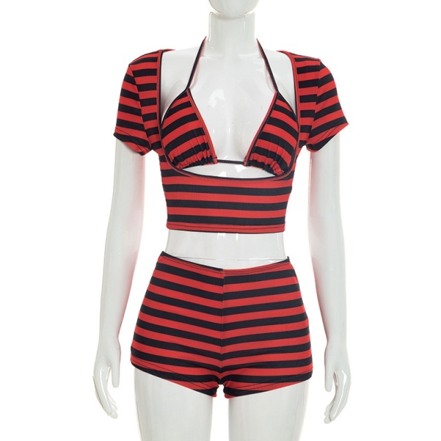 Striped Printed Cropped Top Slim Fit Short Set 3 Pieces