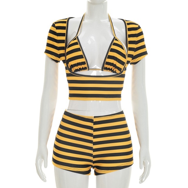Striped Printed Cropped Top Slim Fit Short Set 3 Pieces