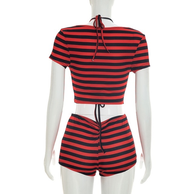 Striped Printed Cropped Top Slim Fit Short Set 3 Pieces