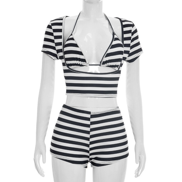 Striped Printed Cropped Top Slim Fit Short Set 3 Pieces