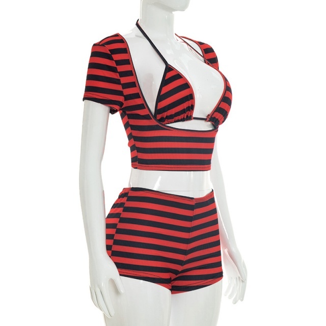 Striped Printed Cropped Top Slim Fit Short Set 3 Pieces