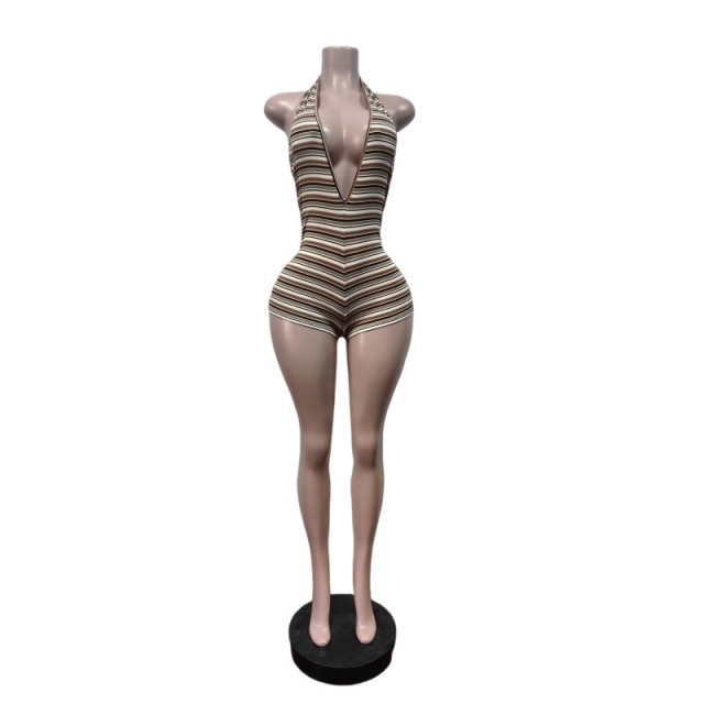 Striped Printed Halter Neck Slim Fitted Romper