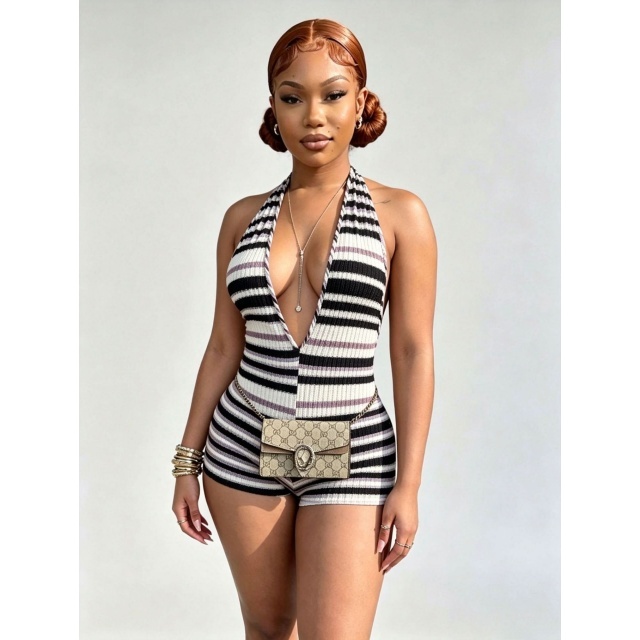 Striped Printed Halter Neck Slim Fitted Romper