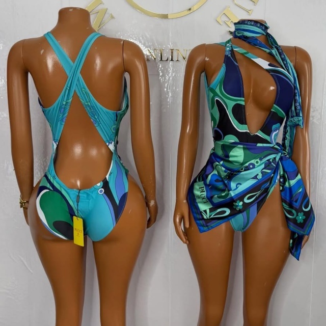 Plunging V Neck One Piece Swimwear Scarf Set