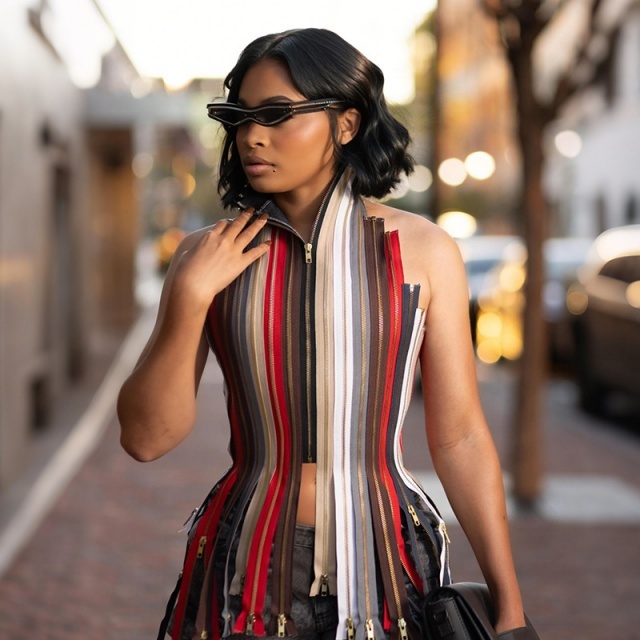 All Zippers Design Backless Laced-up Top