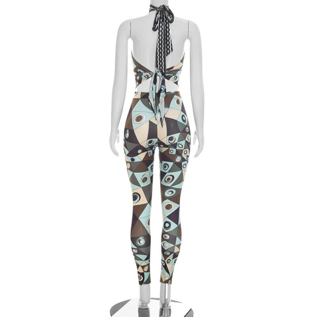 Contrast Color Printed Halter Crop Top Skinny Pant Set