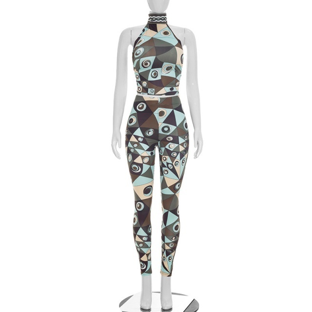 Contrast Color Printed Halter Crop Top Skinny Pant Set