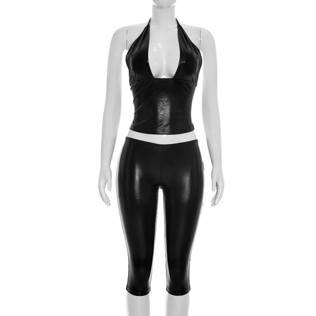 Halter V Neck Crop Top Slim Fitted Midi Pant Set