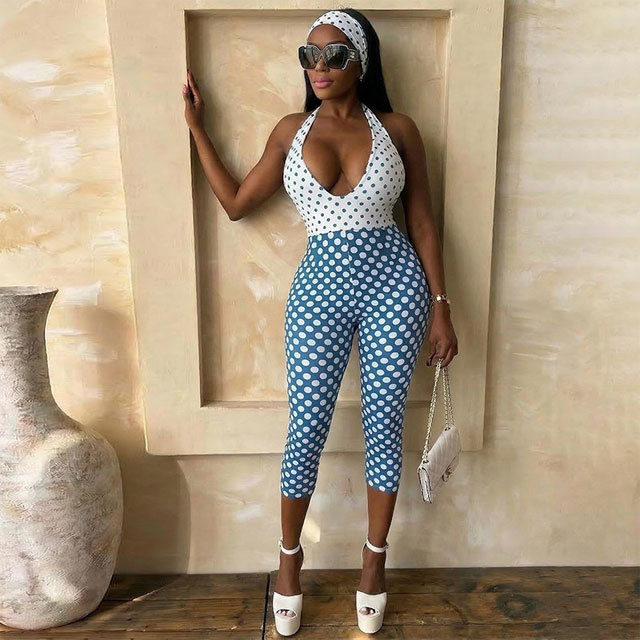 Color Block Dots Printed Halter Neck Slim Jumpsuit