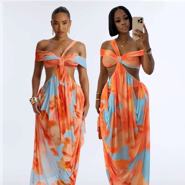 Off Shoulder Hollow Out Vacation Maxi Dress