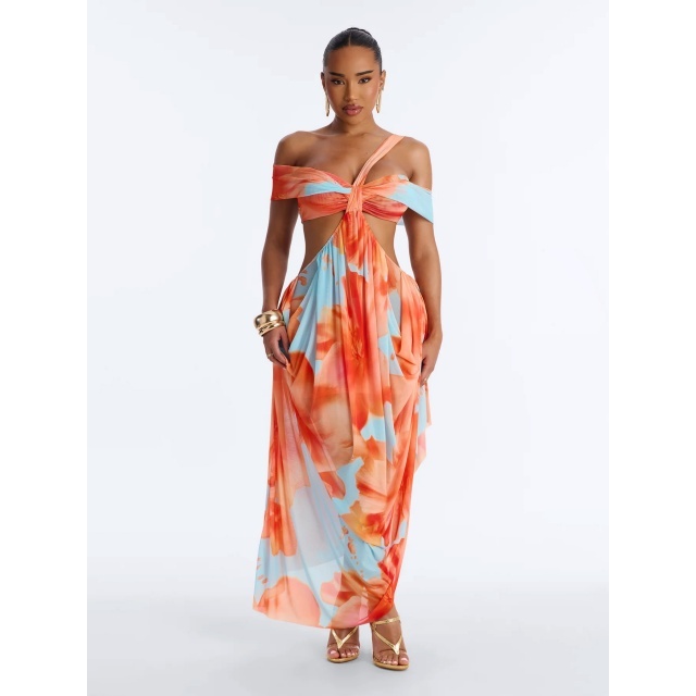 Off Shoulder Hollow Out Vacation Maxi Dress