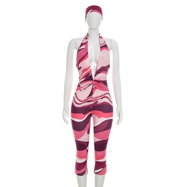 Printed Halter Neck Skinny Midi Jumpsuit