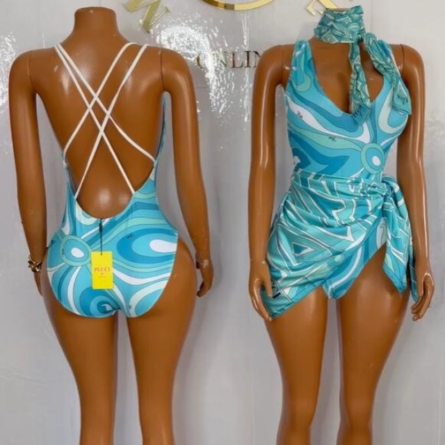 V Neck Printed One Piece Swimwear Scarf Set