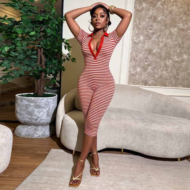 Striped Printed V Neck Fitted Midi Jumpsuit