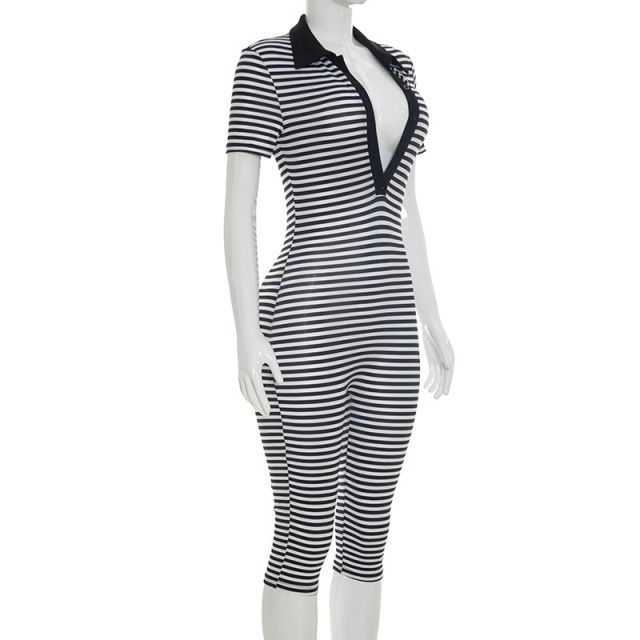 Striped Printed V Neck Fitted Midi Jumpsuit