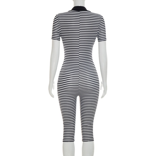 Striped Printed V Neck Fitted Midi Jumpsuit