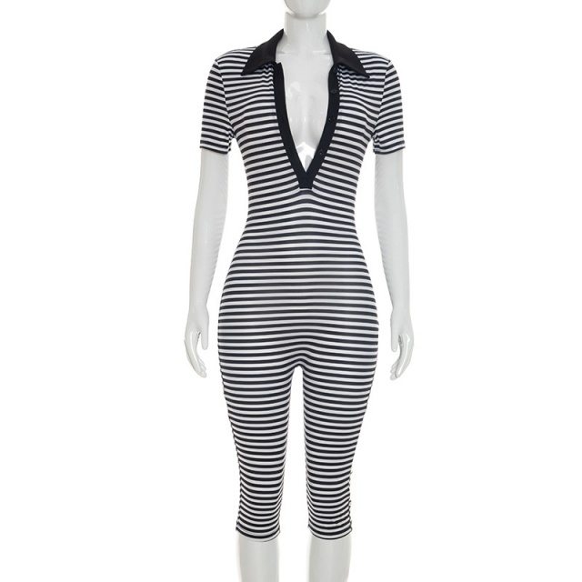 Striped Printed V Neck Fitted Midi Jumpsuit