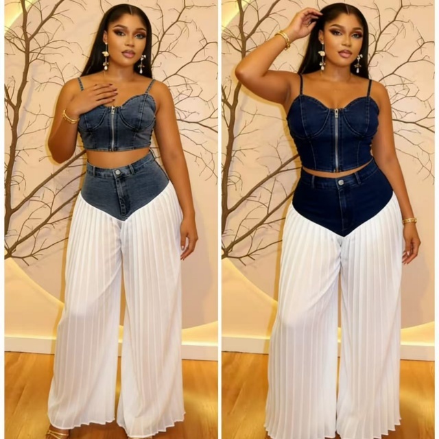 Zipper Up Denim Cami Top Wide Legs Pant Set