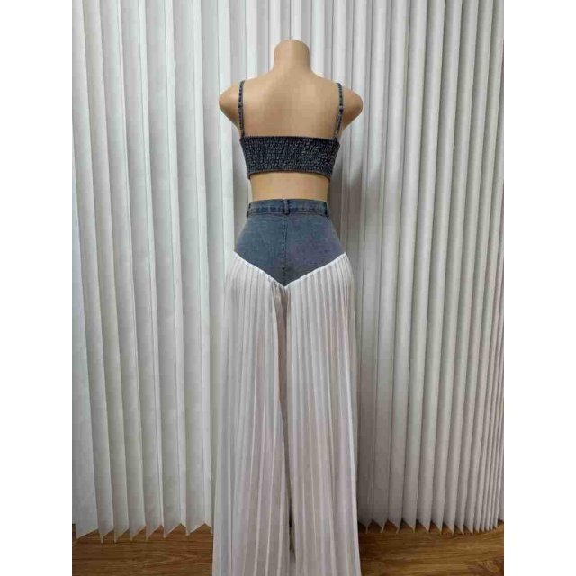 Zipper Up Denim Cami Top Wide Legs Pant Set