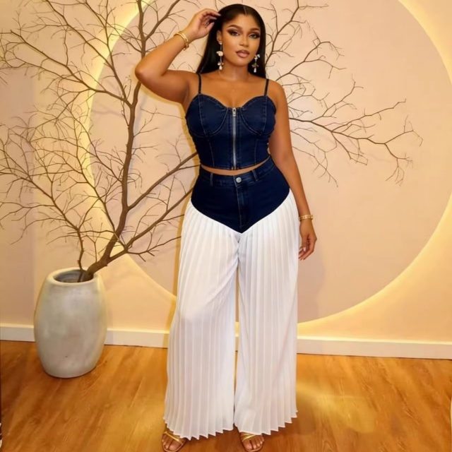 Zipper Up Denim Cami Top Wide Legs Pant Set