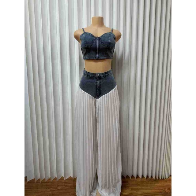 Zipper Up Denim Cami Top Wide Legs Pant Set