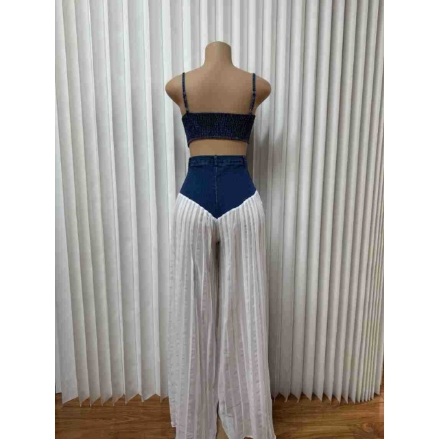 Zipper Up Denim Cami Top Wide Legs Pant Set