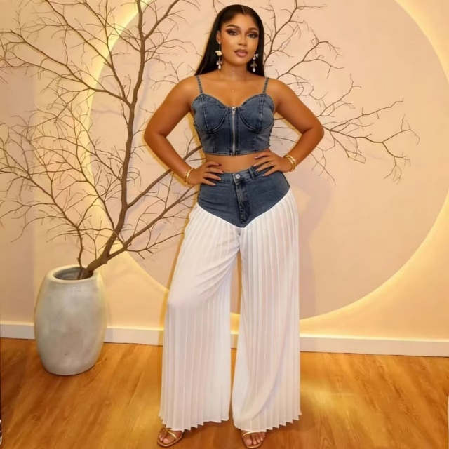 Zipper Up Denim Cami Top Wide Legs Pant Set