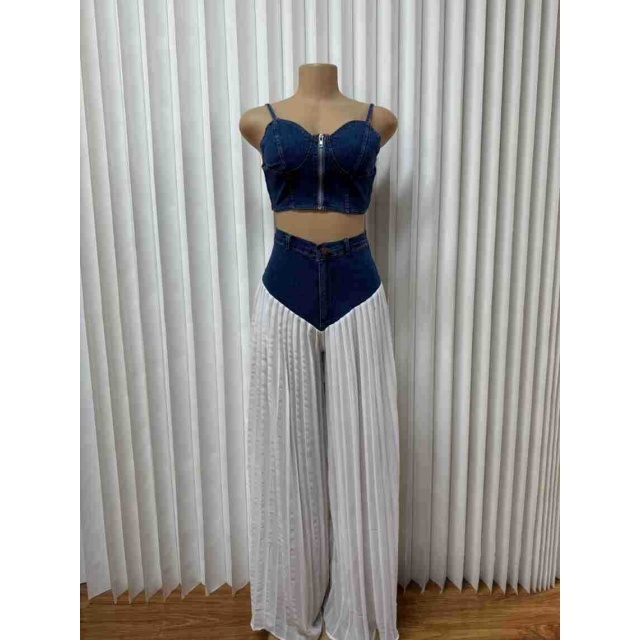 Zipper Up Denim Cami Top Wide Legs Pant Set