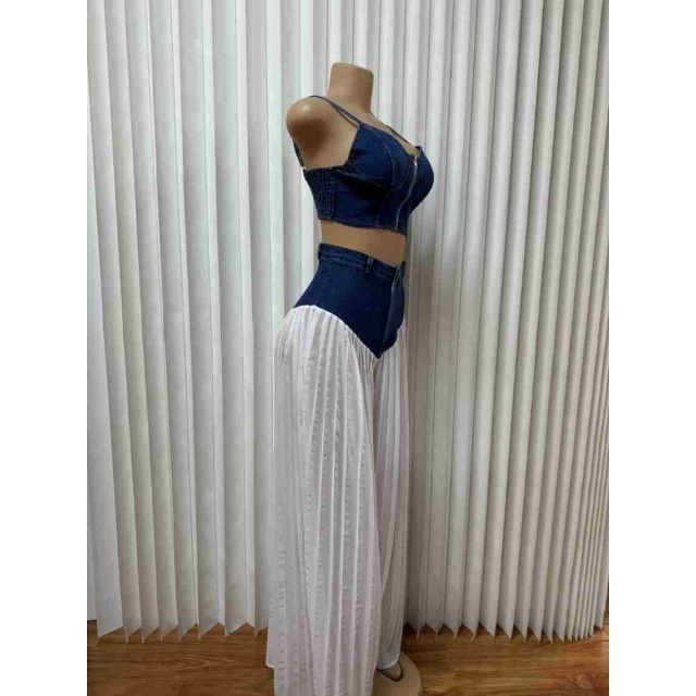 Zipper Up Denim Cami Top Wide Legs Pant Set