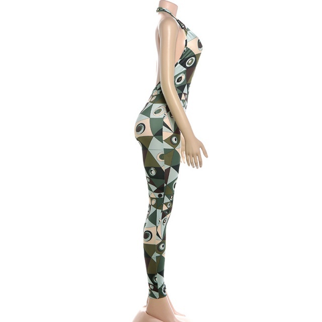 Chic Printed Halter V Neck Backless Fitted Jumpsuit
